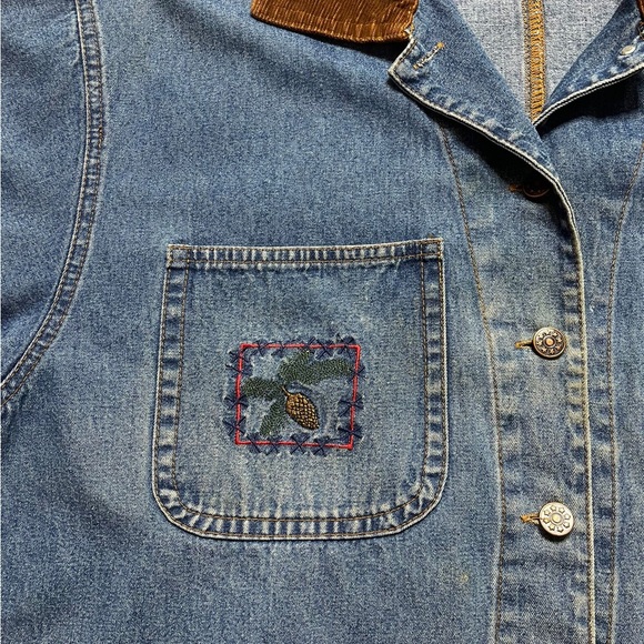 VTG Denim Embroidered Moose Pine Cones Canoe Cottage Chore Jacket XL - Picture 4 of 9